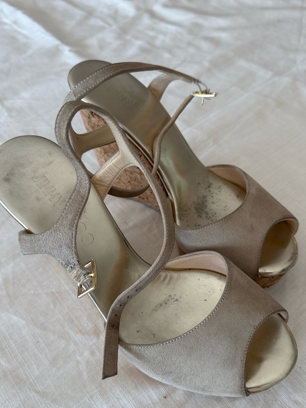 Jimmy Choo Taupe Suede Peep-Toe Wedge Sandals with Gold Buckle. Size 38.